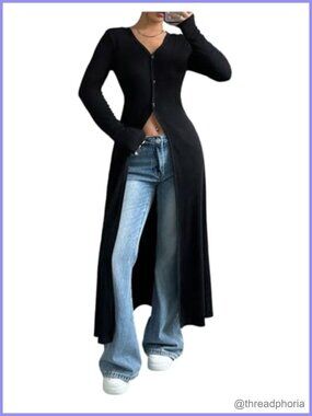 Button Down Long Cardigan V Neck Slit Ribbed Knit Sweater